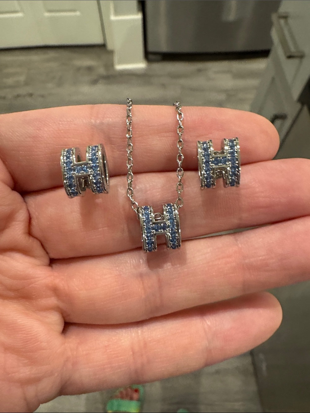 Silver Tone Blue CZ Jewelry Set | Double-Sided Necklace & Stud Earrings Set
